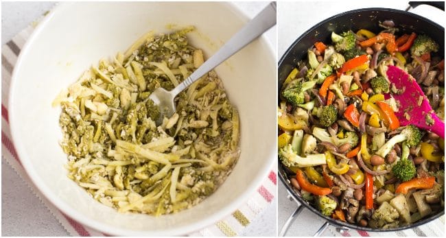 Collage showing cheesy pesto crumb and cooked vegetables in a pan