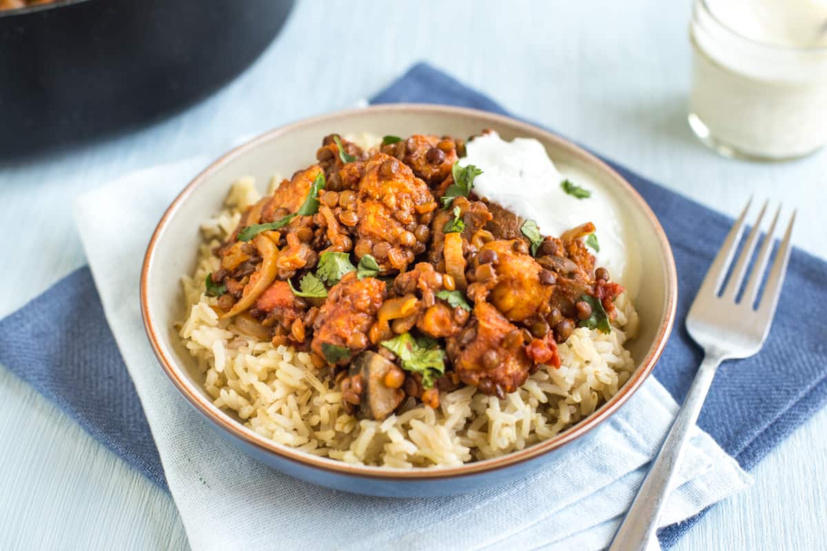 Portion of lentil and halloumi curry in a bowl with rice and yogurt