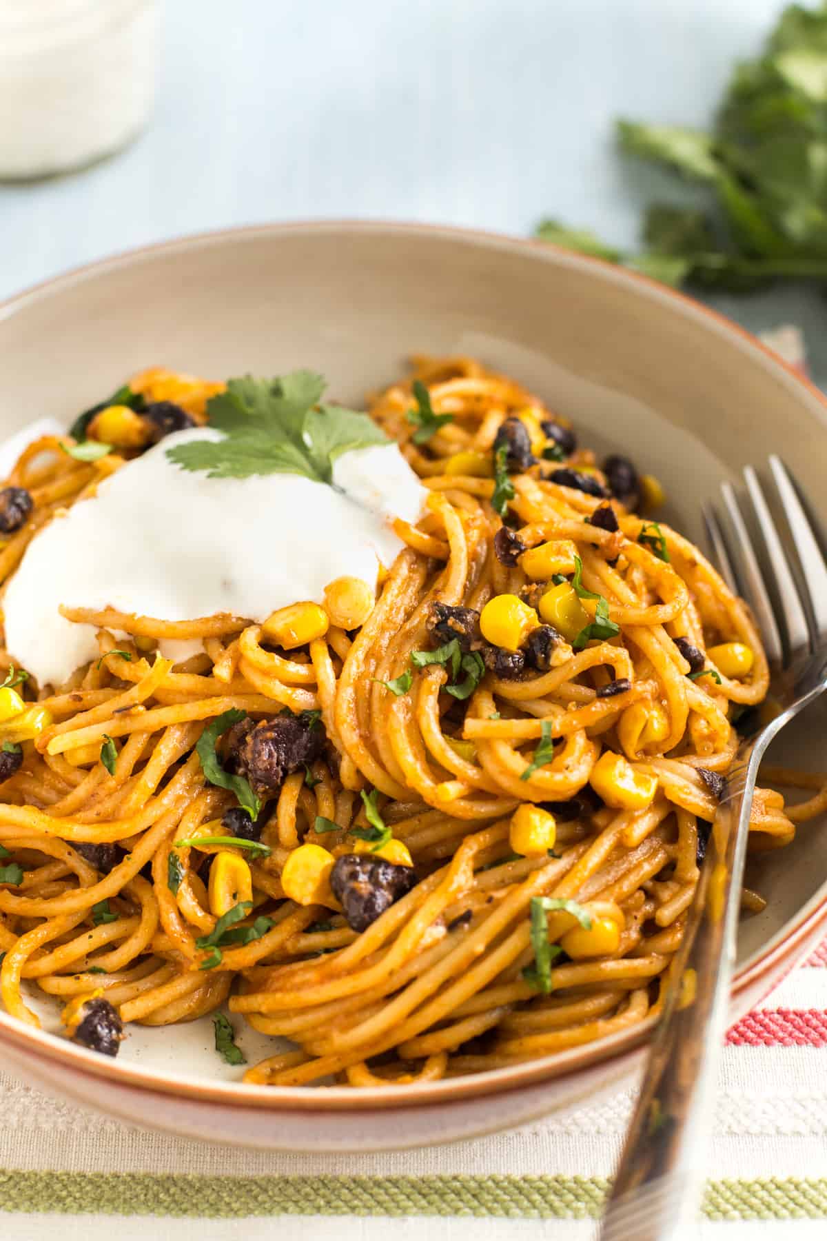 Portion of enchilada noodles in a bowl topped with sour cream and cilantro