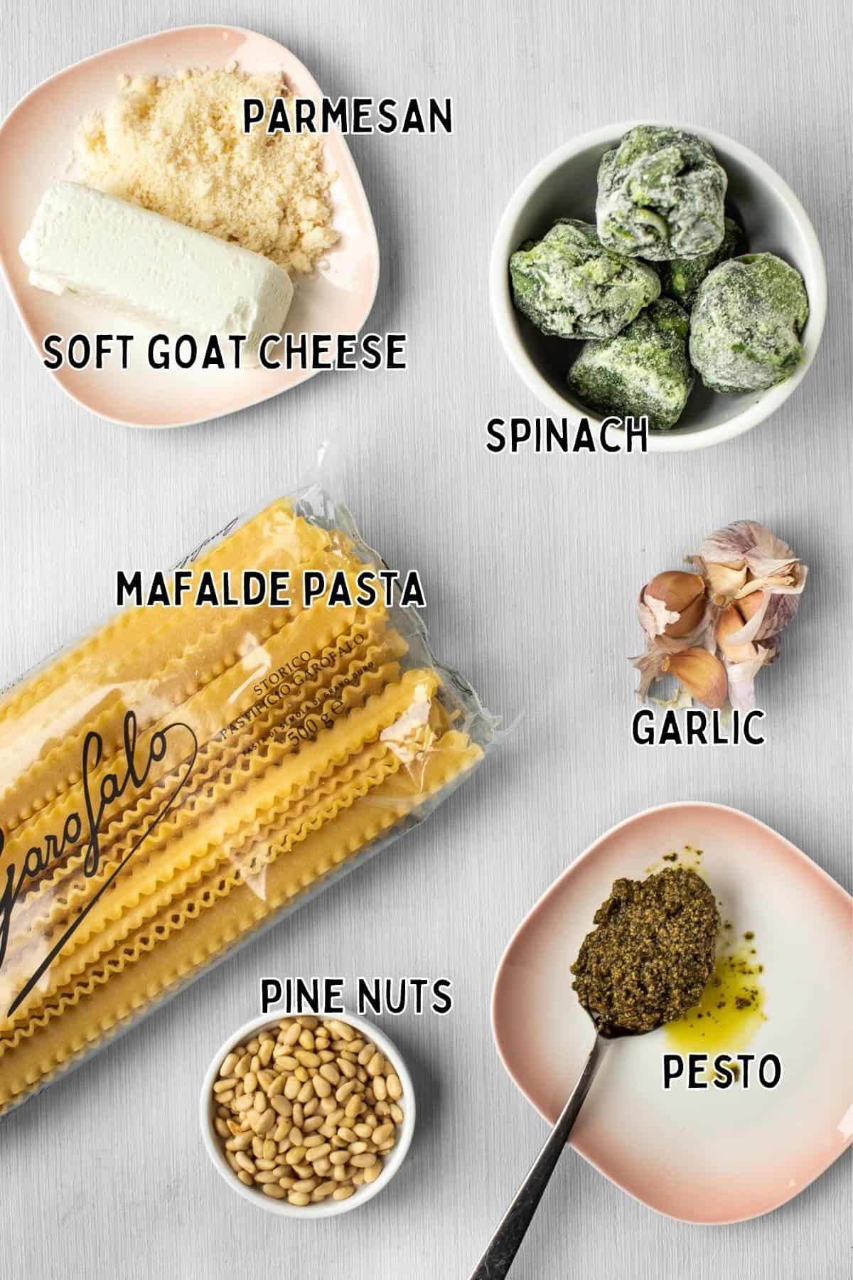 Ingredients to make mafalde pasta with goat cheese and spinach.