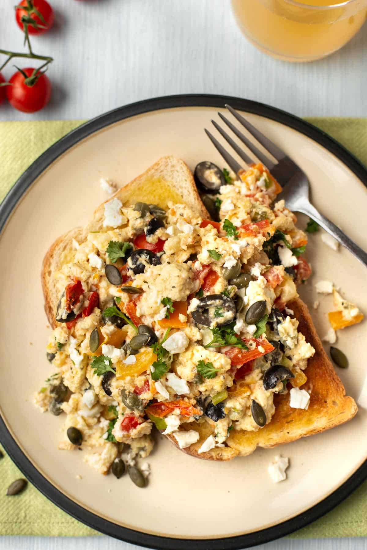 Overhead shot of Mediterranean scrambled eggs.