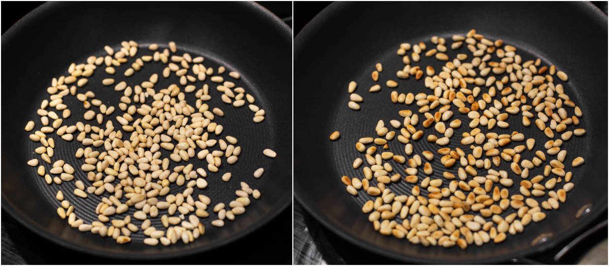Collage showing pine nuts before and after toasting in a frying pan.