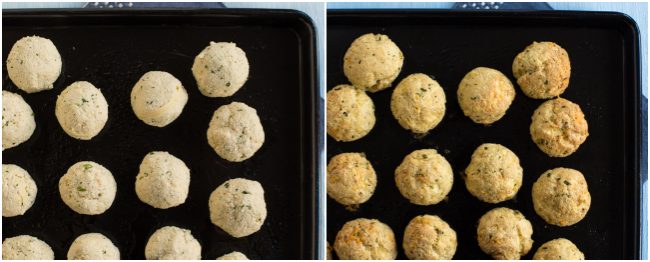 Cheesy tofu meatballs before and after baking