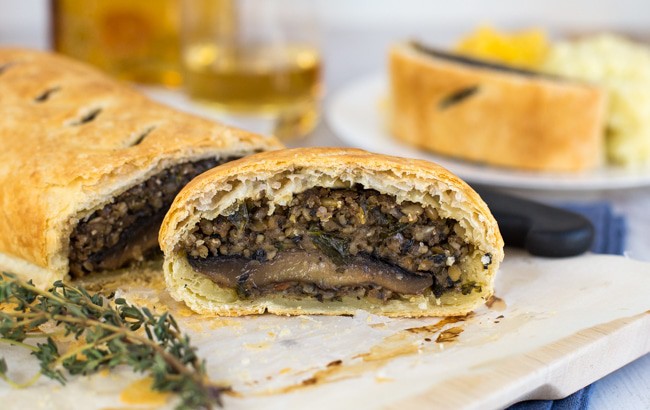 Vegetarian haggis and mushroom wellington