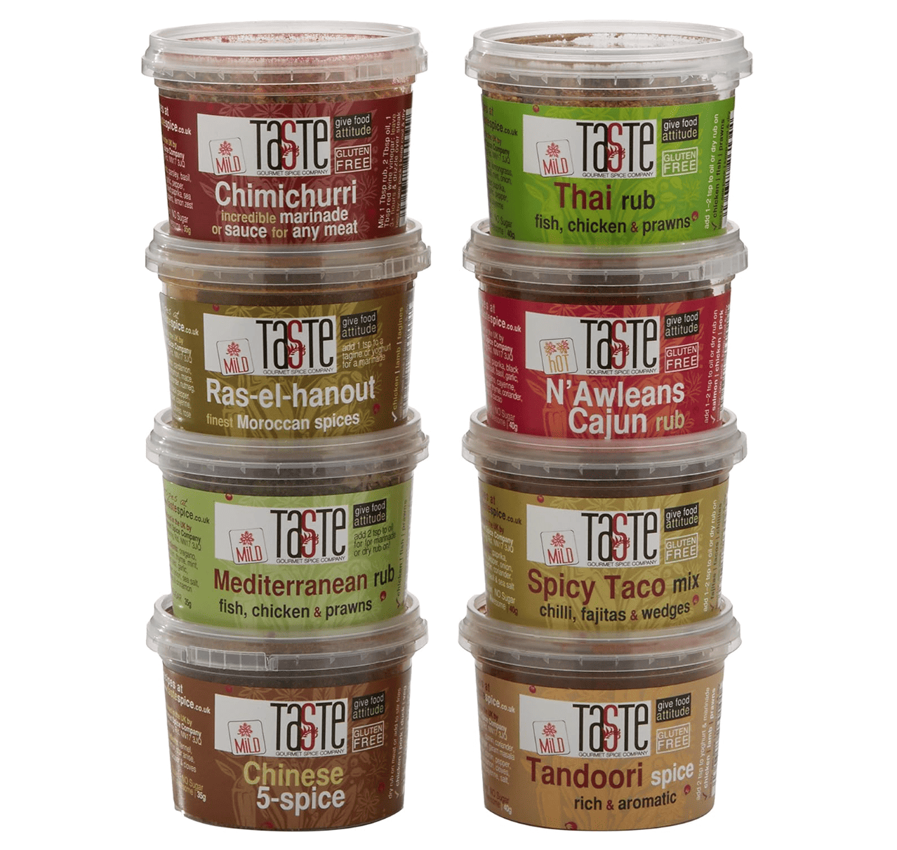 Two stacks of tubs containing different spice mixes.